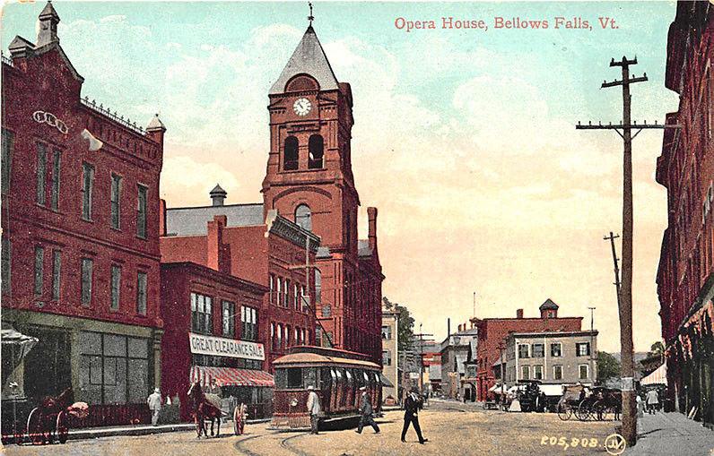 Bellows Falls VT Business District Storefronts Trolley Postcard