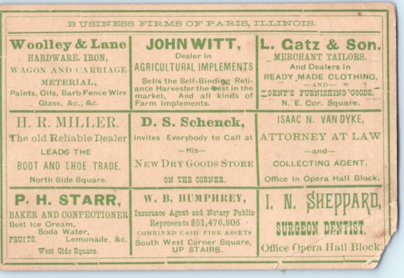 c1880s Paris, Illinois Multiple Business Firm Advertising Trade Card List IL C45