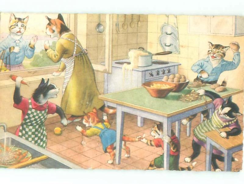1960 signed MAINZER CATS HAVING FOOD FIGHT - PRINTED IN BELGIUM AC3852