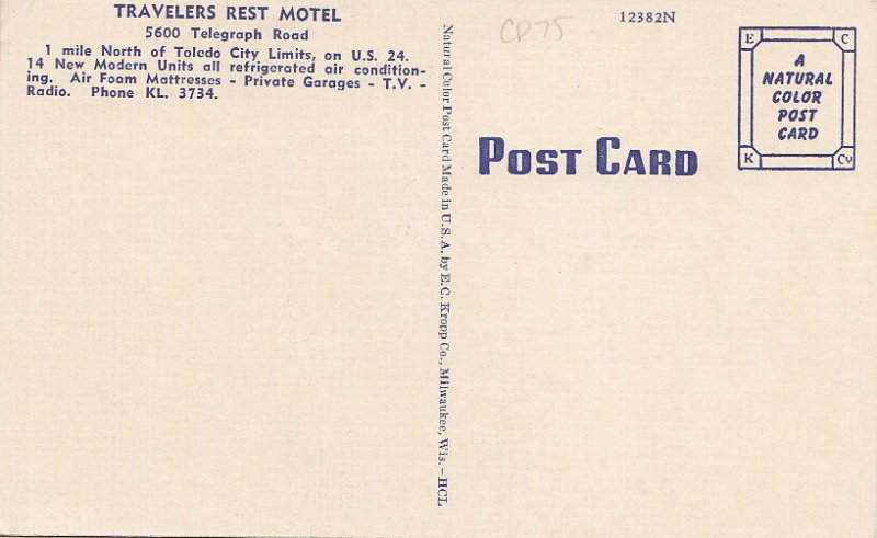 Postcard Travelers Rest Motel Toledo Ohio OH