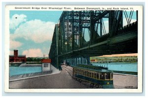 c1920s Trolley, Government Bridge Over River Illinois Davenport Iowa IA Postcard 