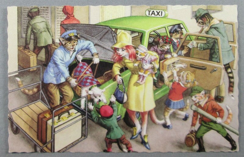 Mainzer #4922 Cats Taking Taxi, Luggage, Anthropomorphic Postcard (#7236)