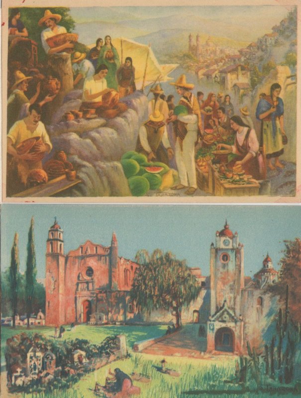 Oleo De Salvador Tarazona Mexico Market Day 2x Old Painting Postcard