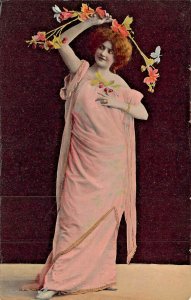 WOMAN WITH FLOWERS WEARING FANCY DRESS-GERMAN PHOTO POSTCARD