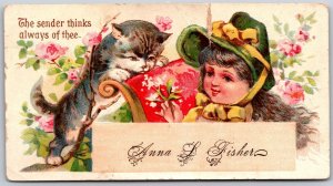 1880s-90s Trade Card, Cat Kitten Playing With Girl, Flowers, Anna Fisher