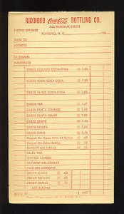 1960's Coca-Cola Bottling Co. Order Slip/Invoice, Roxboro, North Carolin...