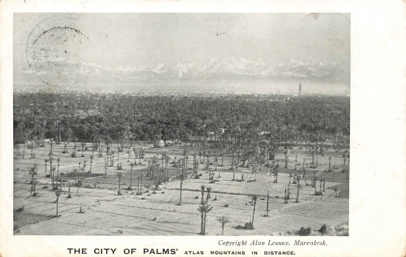 CITY OF PALMS MOROCCO ~ATLAS MOUNTAINS~1907 POSTCARD MOROCCO AGENCIES STAMP