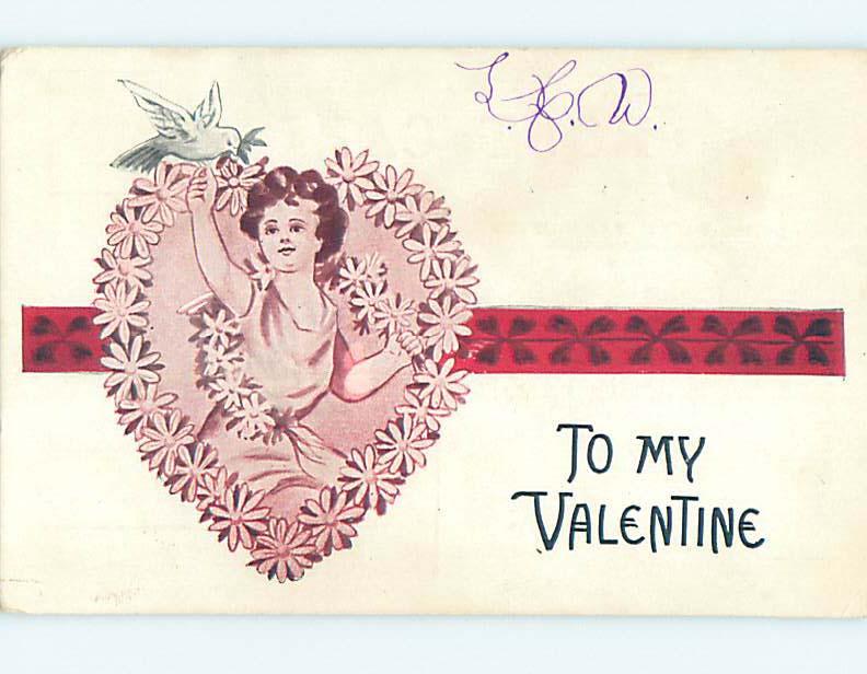 Divided-Back Valentine WHITE DOVE BIRD ON CUPID'S FINGER o5427