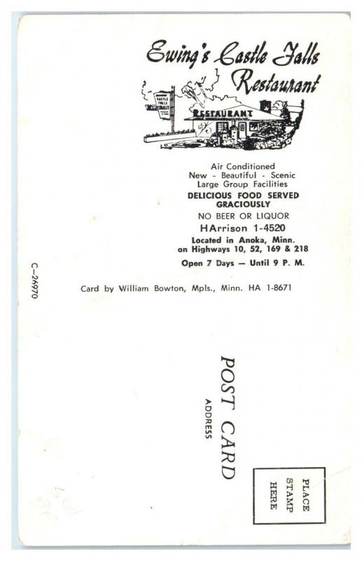 Ewing's Castle Falls Restaurant, Anoka, MN Postcard *5E5