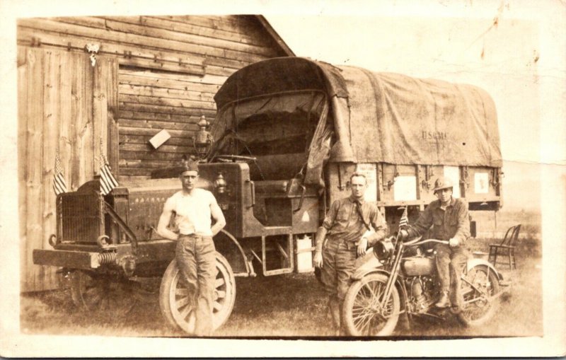 MIlitary Soldiers With Old Truck and Motorcycle Real Photo