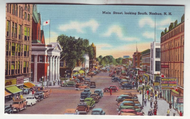 P441 JL linen postcard crowded street cars signs people main st nashua n.h.