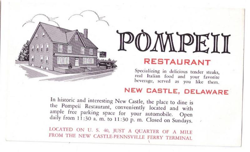 New Castle DE Pompeii Restaurant US 40 Advertising Postcard