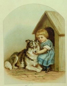 1870's-80's Victorian Trade Card Sweet Girl In Doghouse Petting Shaggy Puppy &M