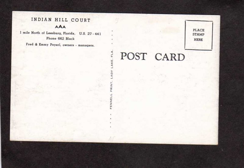 FL Indian Hill Court Motel Leesburg Florida Postcard Fred Emmy Peyerl Postcard