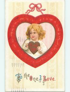 Divided-Back valentine CUTE GIRL HOLDS HEART INSIDE ANOTHER HEART r4197