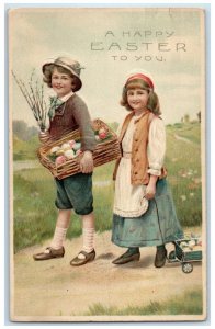 1914 Easter Children With Eggs In Basket Pipe Berry Wagon Toy Embossed Postcard