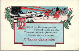 Postcard Merry Christmas Men Pulling Log Tree Art Deco Style AB20