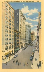 Portland Oregon  Sixth Ave Looking South, People, Cars Linen Postcard Unused