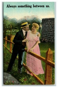 Vintage 1900's Tinted Photo Postcard Couple Separated by Fence Romantic