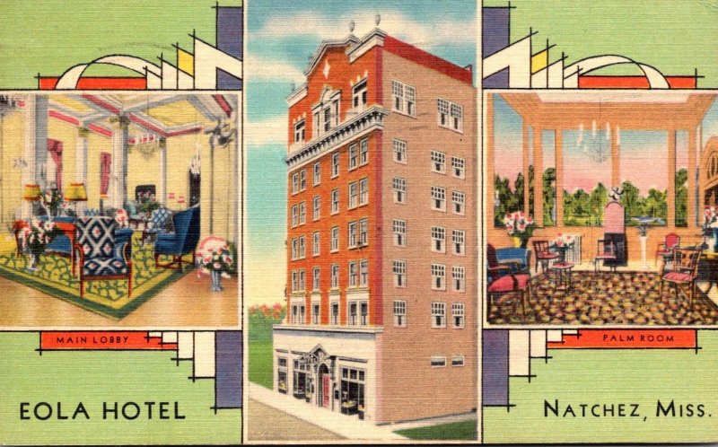 Mississippi Natchez The Eola Hotel Showing Main Lobby and Palm Room 1939