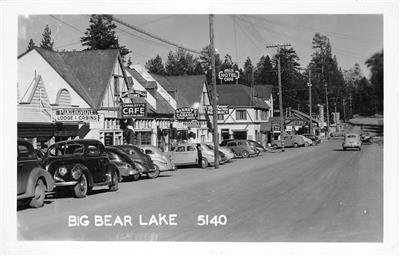 RPPC BIG BEAR LAKE, CA Barney's Cabaret Navajo Hotel Street Scene 1946 Postcard