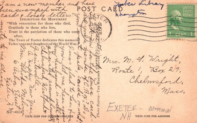 Vintage Postcard 1942 World War Memorial Daniel Chester Exeter New Hampshire NH