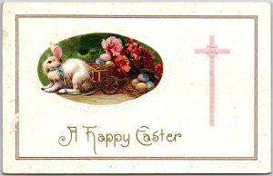 1914 A Happy Easter Bunny Full Of Eggs & Flowers In Cart Posted Postcard