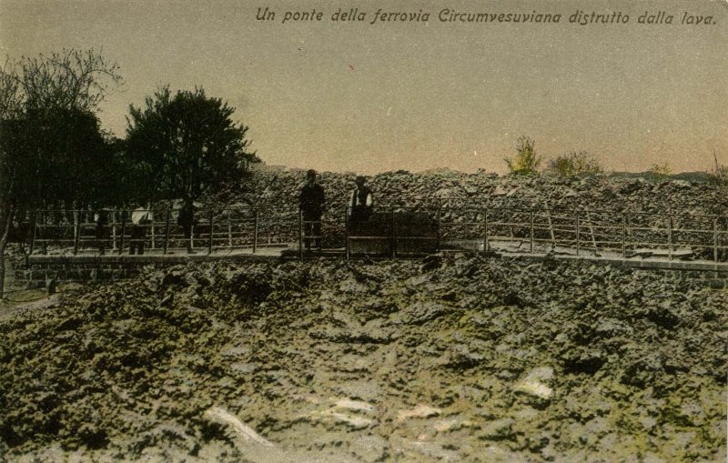 Italy -  Naples. Mt Vesuvio Lava Destruction, 1906. A Bridge of the Circumves...