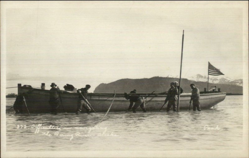 Bering River Alaska AK Men Run Ashore in Boat w/ American Flag c1910 RPPC
