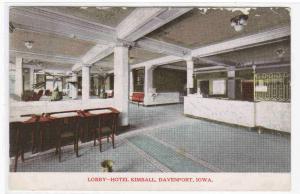 Lobby Hotel Kimball Davenport Iowa 1911 postcard