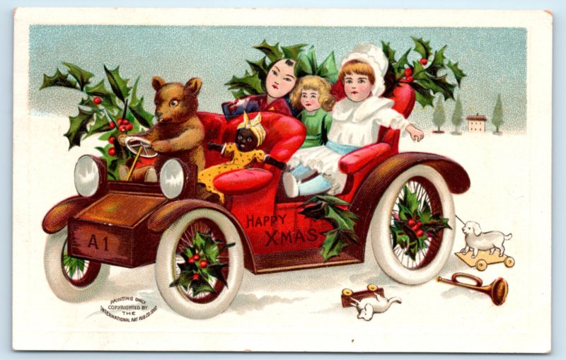 Teddy Bear Automobile Motorcar Christmas Postcard