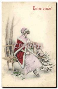 Old Postcard Cochon Pig Woman Happy new year