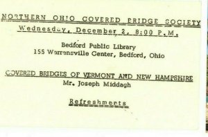 Postcard  Covered Bridge Society, Northern OH Meeting Announcement , 1964.   S5
