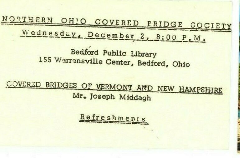 Postcard  Covered Bridge Society, Northern OH Meeting Announcement , 1964.   S5