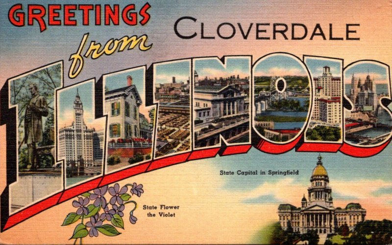 Illinois Greetings From Cloverdale Large Letter Linen 1944