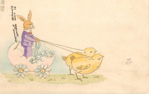 Easter greetings 1901 postcard embossed humanized rabbit chicken egg cart