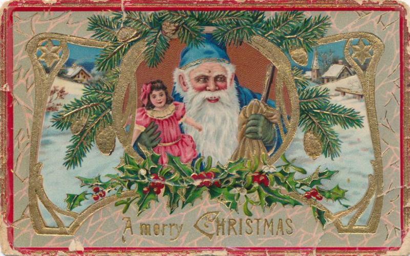 Merry Christmas Greetings - Blue Hatted Santa Claus - DB - (poor condition)