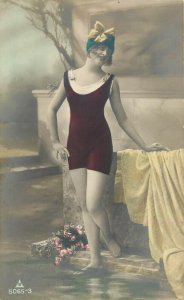c1907 Hand-Colored French? RPPC Pretty Girl in Bathing Suit Steps into Pool 5065