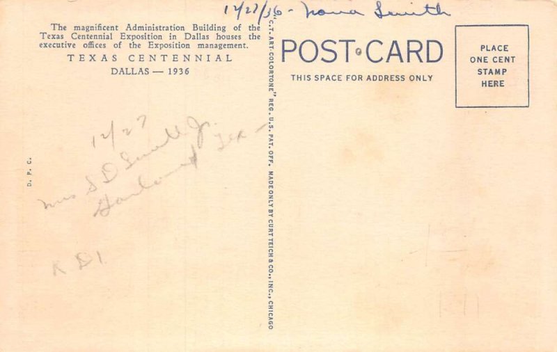 Dallas Texas Centennial Expo Admin Building Vintage Postcard AA70440