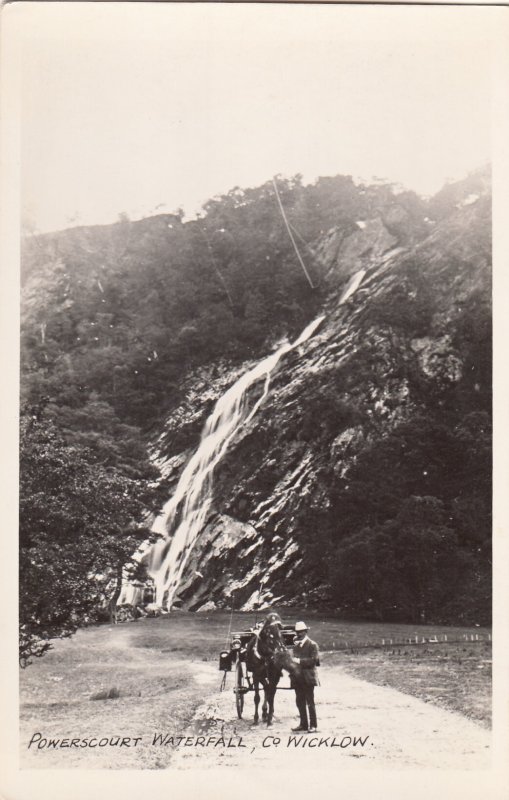 P1873 old ireland RPPC man & horse and wagon powerscourt waterfall, co wicklow