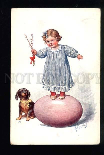 040859 EASTER Girl & DACHSHUND by FEIERTAG vintage