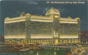 Chicago Illinois Merchandise Mart by Night 1950s Linen Postcard Used