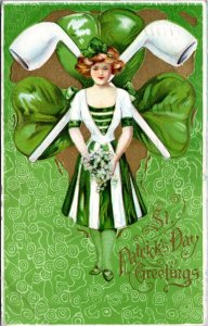 Postcard St. Patrick's Day Greeting Girl in Green White Pipes Shamrock