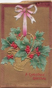 Heavily Embossed Air Brushed Gilt Christmas Greeting Postcard Holly Berry Basket