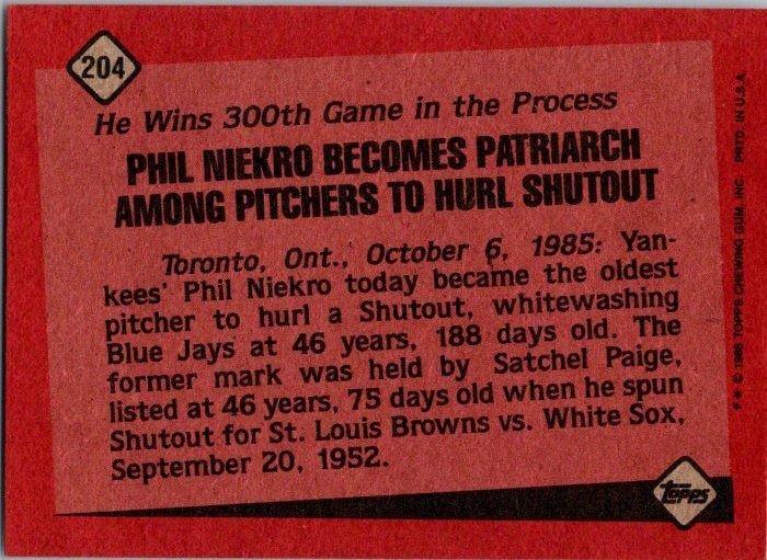 1986 Topps Baseball Card '85 Record Breaker Phil Niekro Yankees sk10664