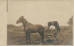 HORSE DRAWN CARRIAGE w/ LADY ANTIQUE REAL PHOTO POSTCARD RPPC