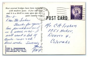 Greetings from LANCASTER COUNTY, Pennsylvania PA ~ COVERED BRIDGE 1958 Postcard