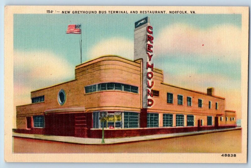 Norfolk Virginia VA Postcard New Greyhound Bus Terminal Restaurant Building 1940