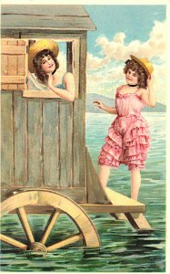 Women in Bathing Dresses Embarking on Water Wagon Embossed PFB Postcard