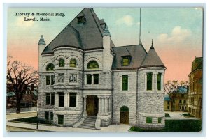 1918 Library & Memorial Building Lowell Massachusetts MA Antique Postcard  